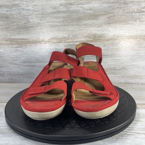 Clarks Women’s Reedly Juno Red Leather Nubuck Wedge Sandals Size 10 - Picture 2 of 8